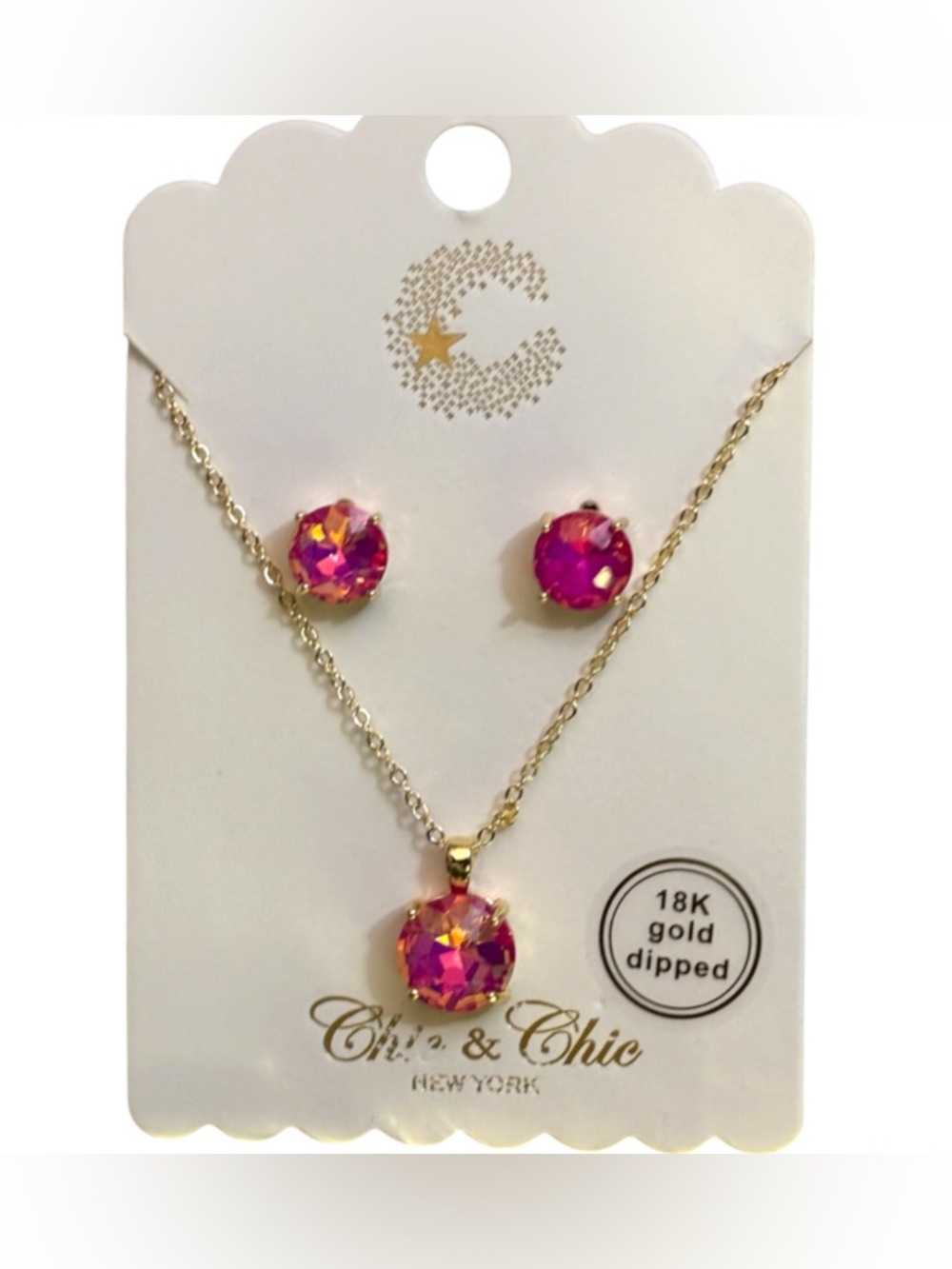 Gold-Dipped Pink Glass Necklace & Earring Set